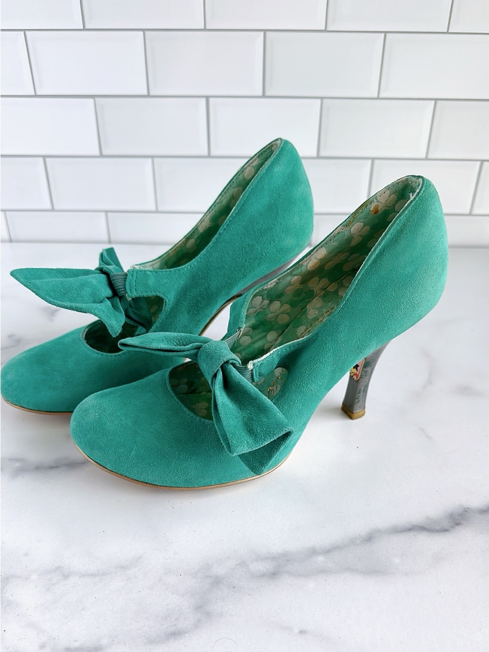 Irregular Choice Teal Bow Accent Suede Pumps - Women Shoes
